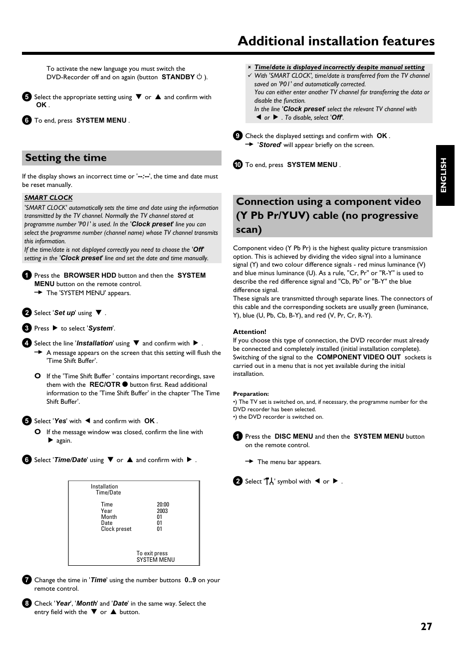 Setting the time, Additional installation features | Philips HDRW 720/00-02 User Manual | Page 29 / 96