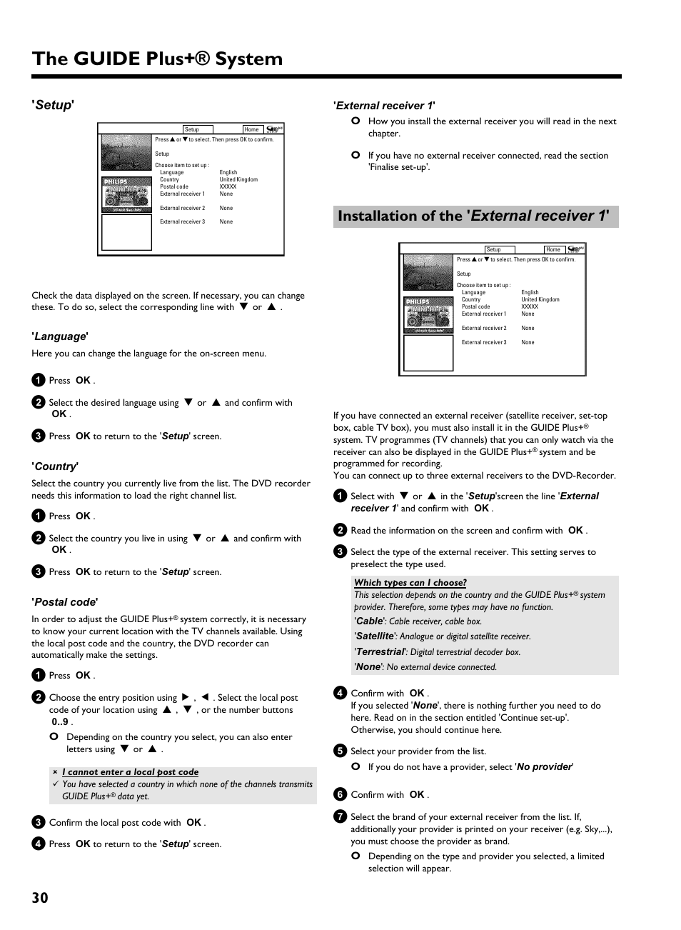 English the guide plus+® system 30 ' setup, Installation of the ' external receiver 1, The guide plus+® system | Setup | Philips HDRW 720/00-02 User Manual | Page 32 / 96