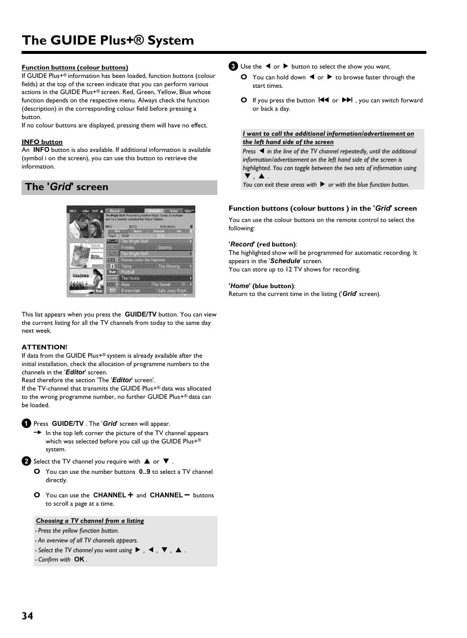 The ' grid ' screen, The guide plus+® system | Philips HDRW 720/00-02 User Manual | Page 36 / 96