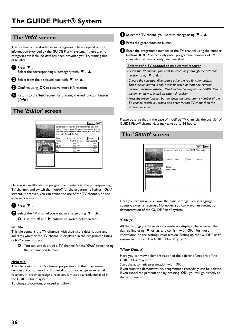 The ' editor ' screen, The ' setup ' screen, The guide plus+® system | 36 the ' info ' screen | Philips HDRW 720/00-02 User Manual | Page 38 / 96