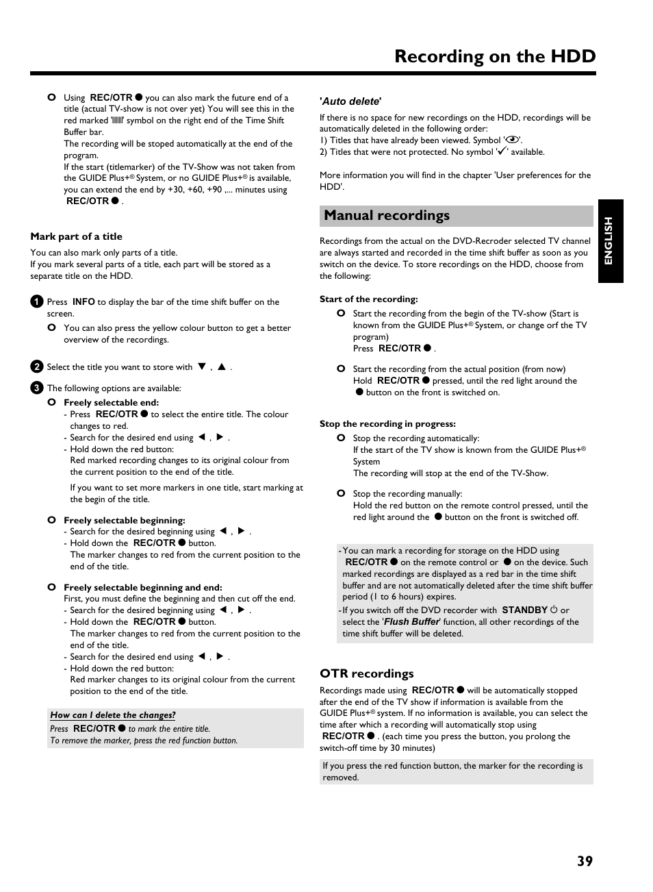 Manual recordings, Otr recordings, Recording on the hdd | Philips HDRW 720/00-02 User Manual | Page 41 / 96
