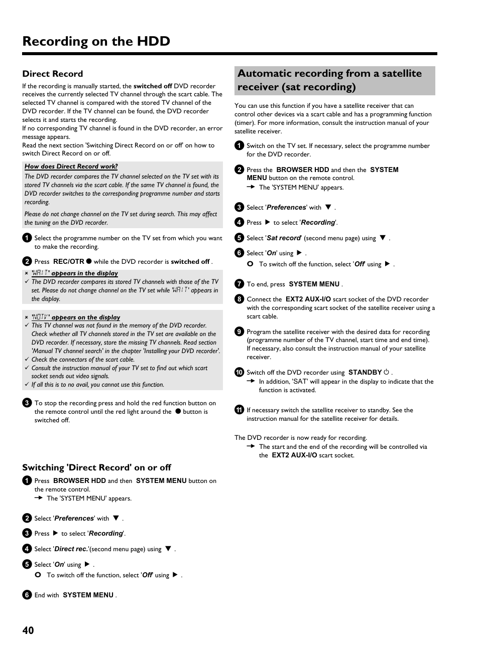 Direct record, Switching 'direct record' on or off, Recording on the hdd | Philips HDRW 720/00-02 User Manual | Page 42 / 96
