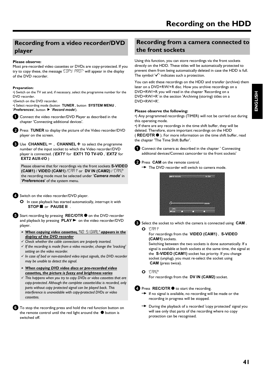 Recording from a video recorder/dvd player, Recording on the hdd, 41 recording from a video recorder/dvd player | Philips HDRW 720/00-02 User Manual | Page 43 / 96