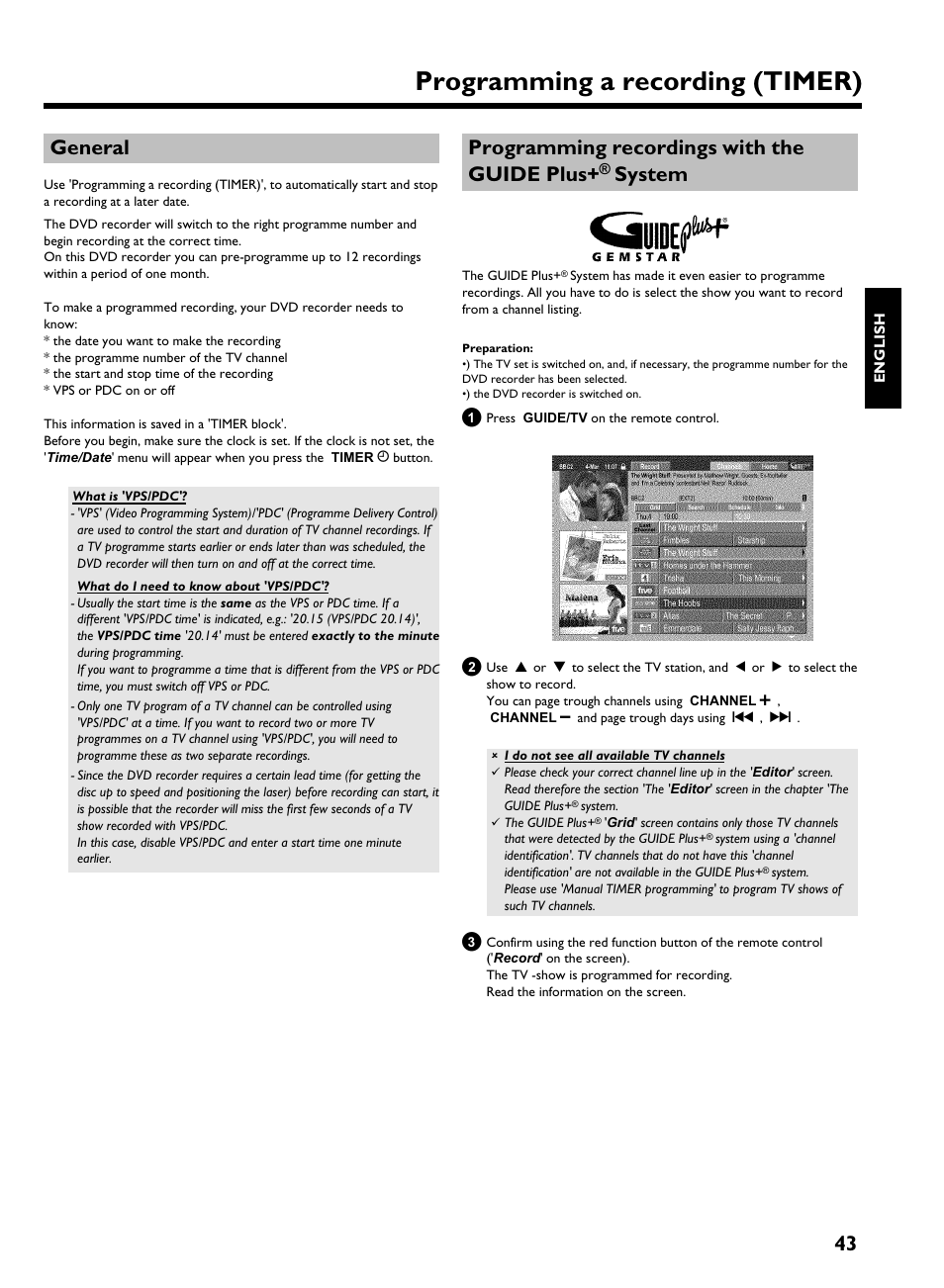 General, Programming a recording (timer), 43 general | Programming recordings with the guide plus, System | Philips HDRW 720/00-02 User Manual | Page 45 / 96
