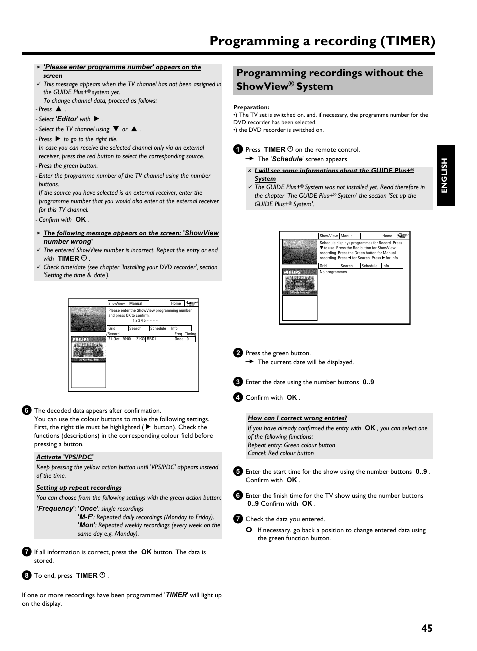 Programming a recording (timer), Programming recordings without the showview, System | Philips HDRW 720/00-02 User Manual | Page 47 / 96