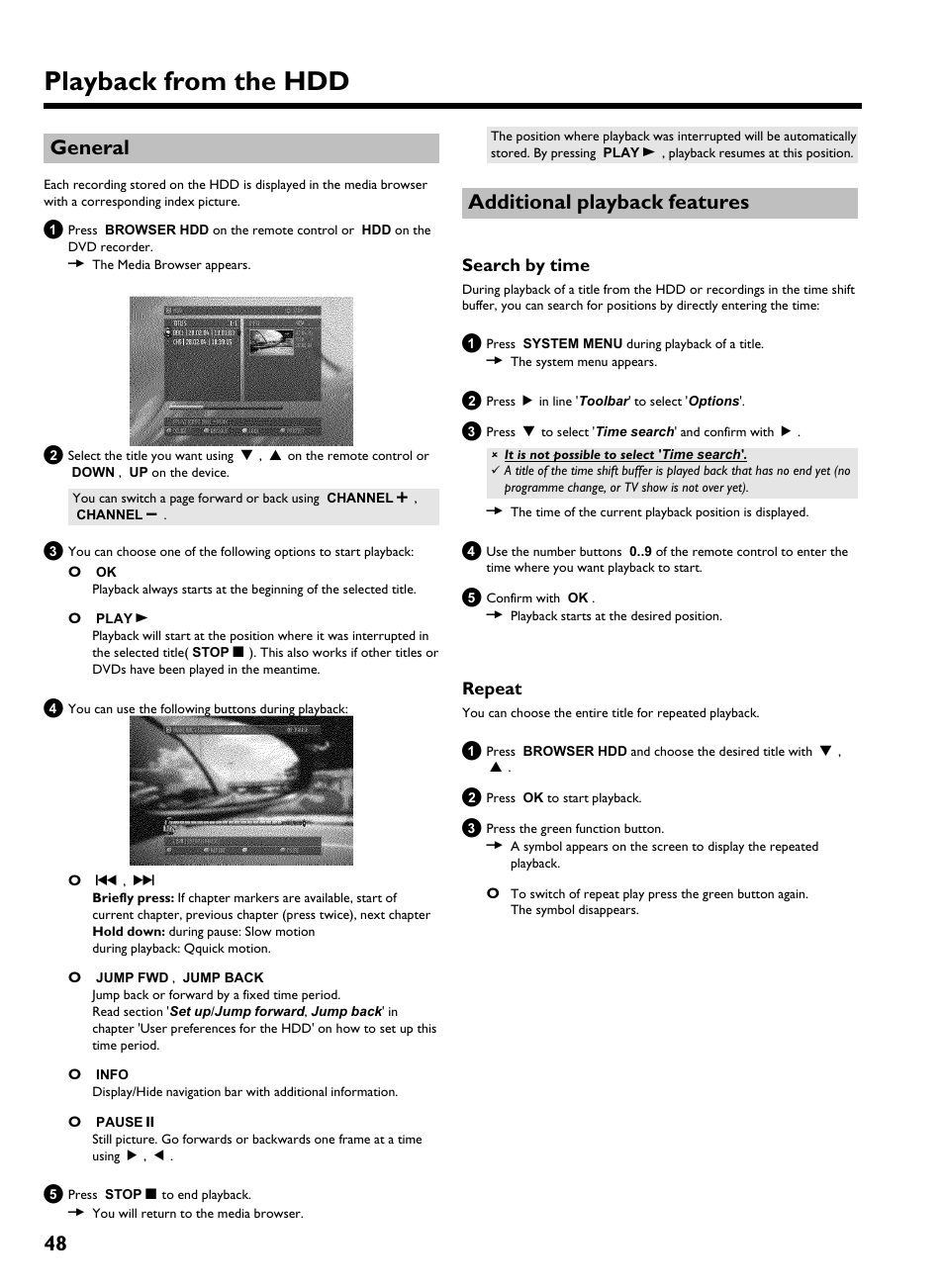 General, Additional playback features, Search by time | Repeat, Playback from the hdd, 48 general | Philips HDRW 720/00-02 User Manual | Page 50 / 96