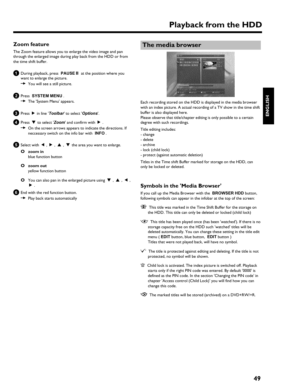 Zoom feature, The media browser, Symbols in the 'media browser | Playback from the hdd | Philips HDRW 720/00-02 User Manual | Page 51 / 96