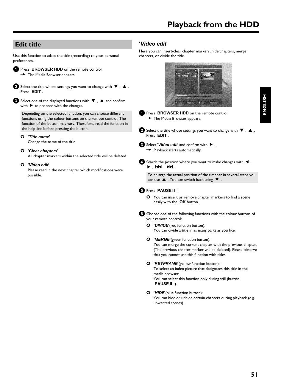 Edit title, Video edit, Playback from the hdd | 51 edit title | Philips HDRW 720/00-02 User Manual | Page 53 / 96