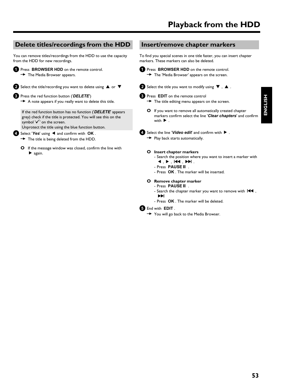 Delete titles/recordings from the hdd, Insert/remove chapter markers, Playback from the hdd | 53 delete titles/recordings from the hdd | Philips HDRW 720/00-02 User Manual | Page 55 / 96