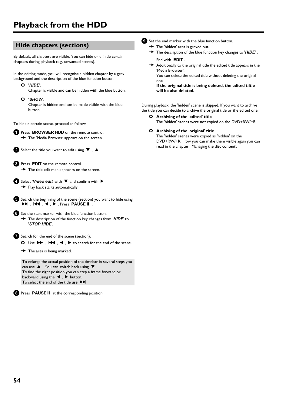 Hide chapters (sections), Playback from the hdd | Philips HDRW 720/00-02 User Manual | Page 56 / 96