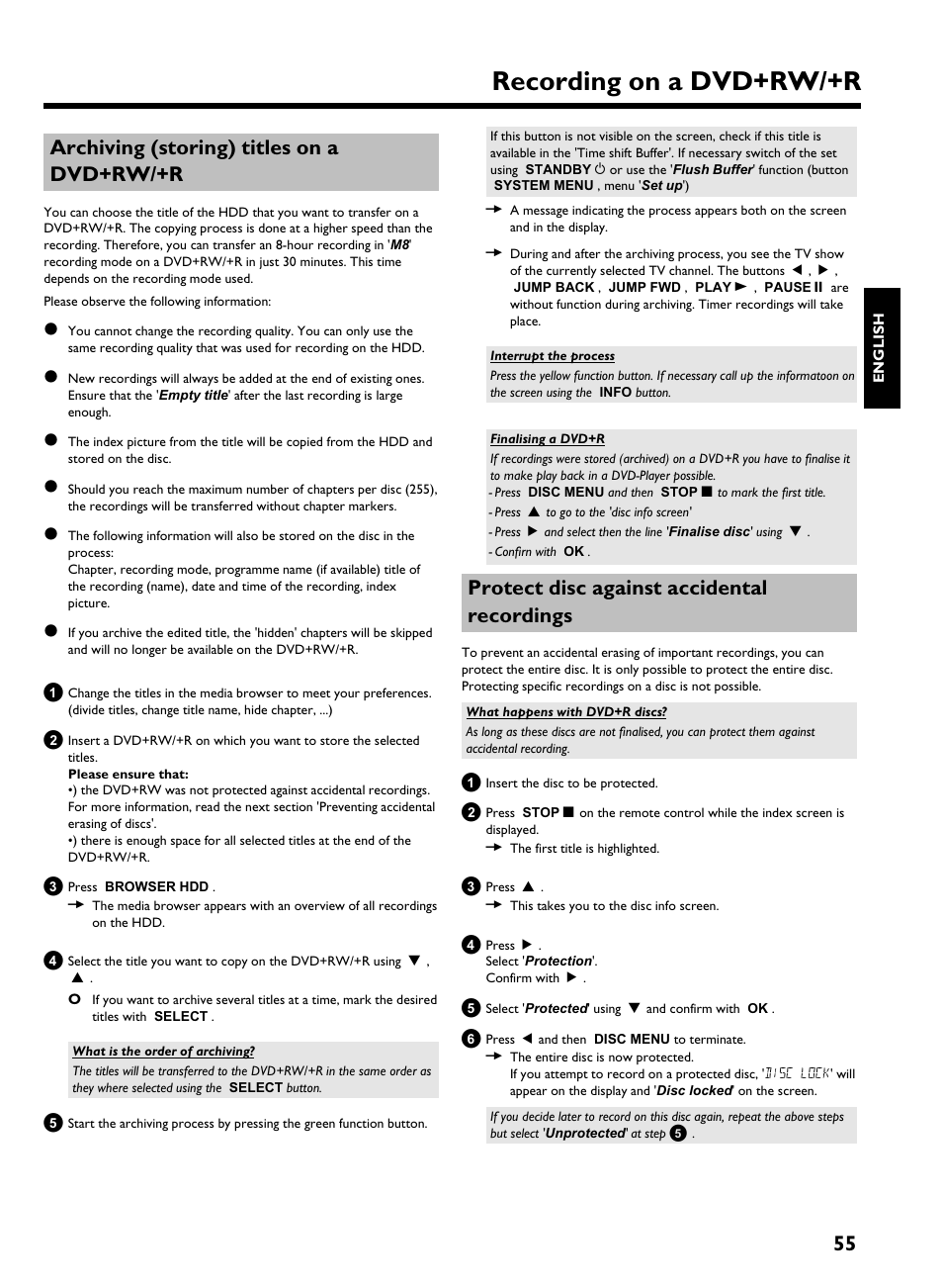Archiving (storing) titles on a dvd+rw/+r, Protect disc against accidental recordings, Recording on a dvd+rw/+r | 55 archiving (storing) titles on a dvd+rw/+r | Philips HDRW 720/00-02 User Manual | Page 57 / 96