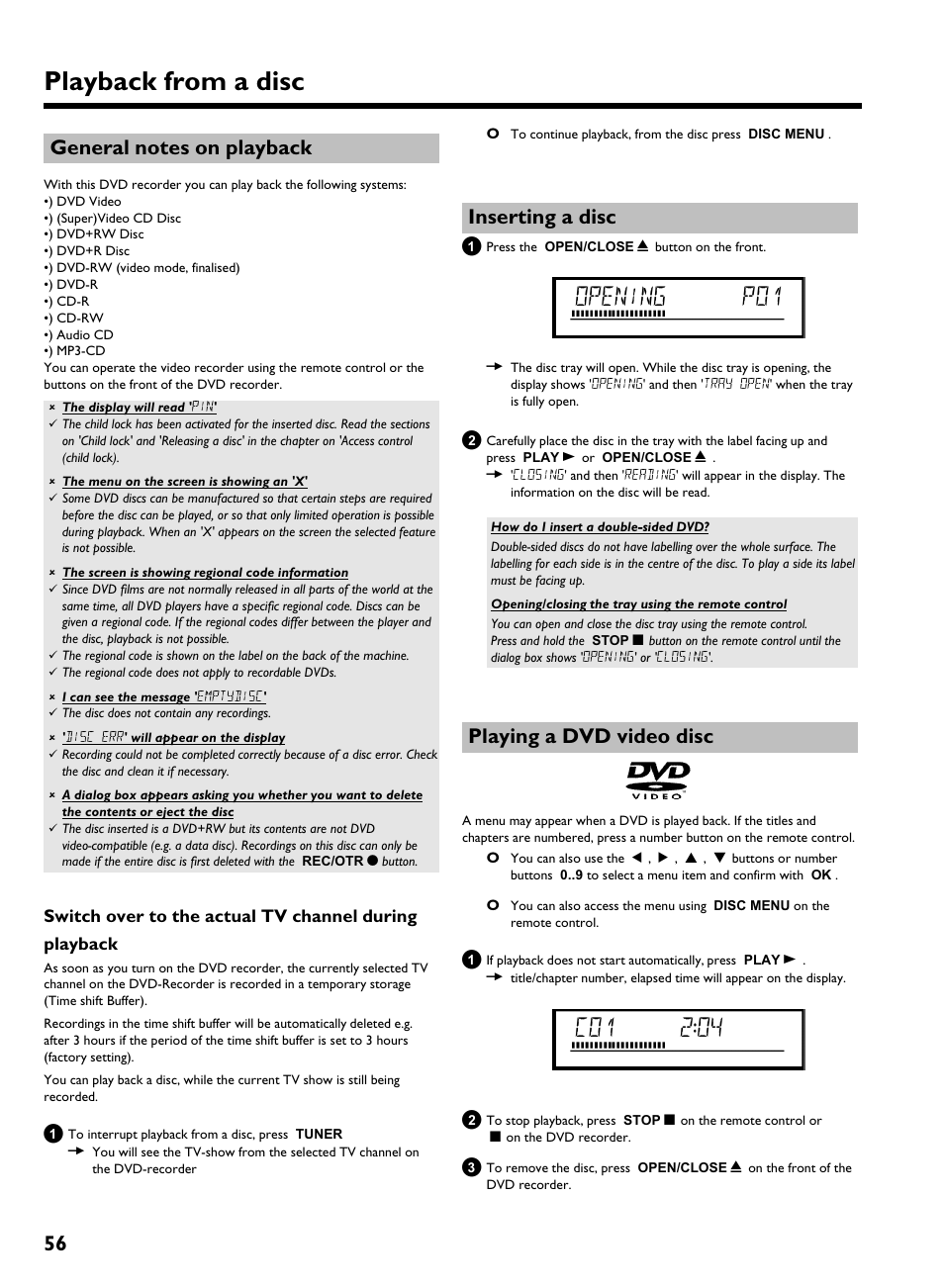 General notes on playback, Inserting a disc, Playing a dvd video disc | Playback from a disc, Opening p01, Playing a dvd videodisc | Philips HDRW 720/00-02 User Manual | Page 58 / 96