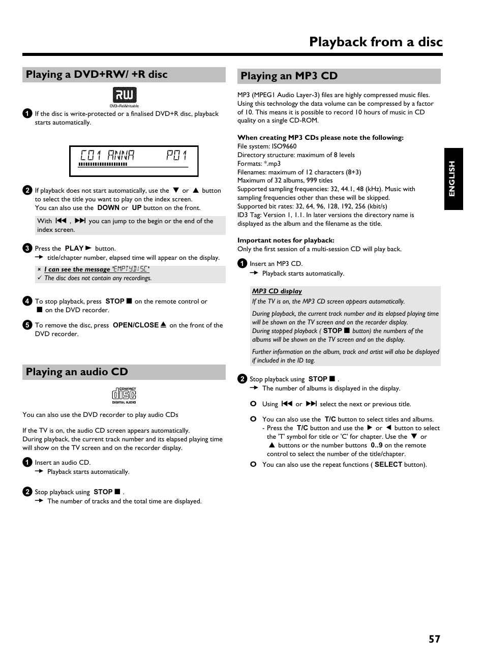 Playing a dvd+rw/ +r disc, Playing an audio cd, Playing an mp3 cd | Playback from a disc, C01 anna p01, 57 playing a dvd+rw/ +r disc, Playing an audiocd | Philips HDRW 720/00-02 User Manual | Page 59 / 96