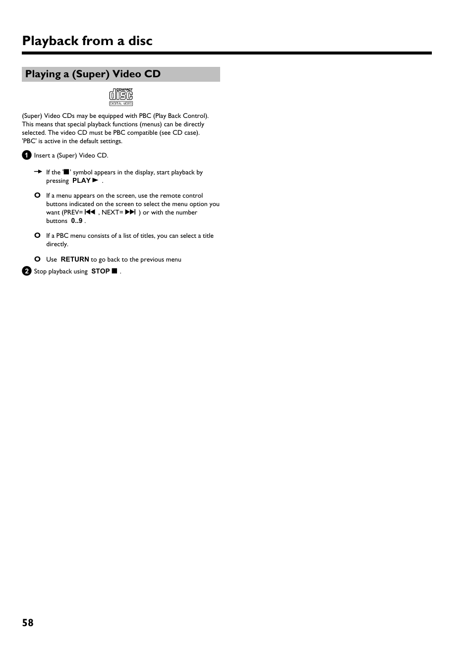 Playing a (super) video cd, Playback from a disc, 58 playing a (super) videocd | Philips HDRW 720/00-02 User Manual | Page 60 / 96