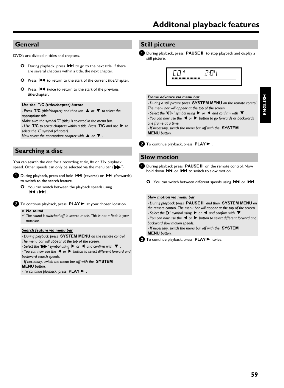 General, Searching a disc, Still picture | Slow motion, Additonal playback features, 59 general | Philips HDRW 720/00-02 User Manual | Page 61 / 96