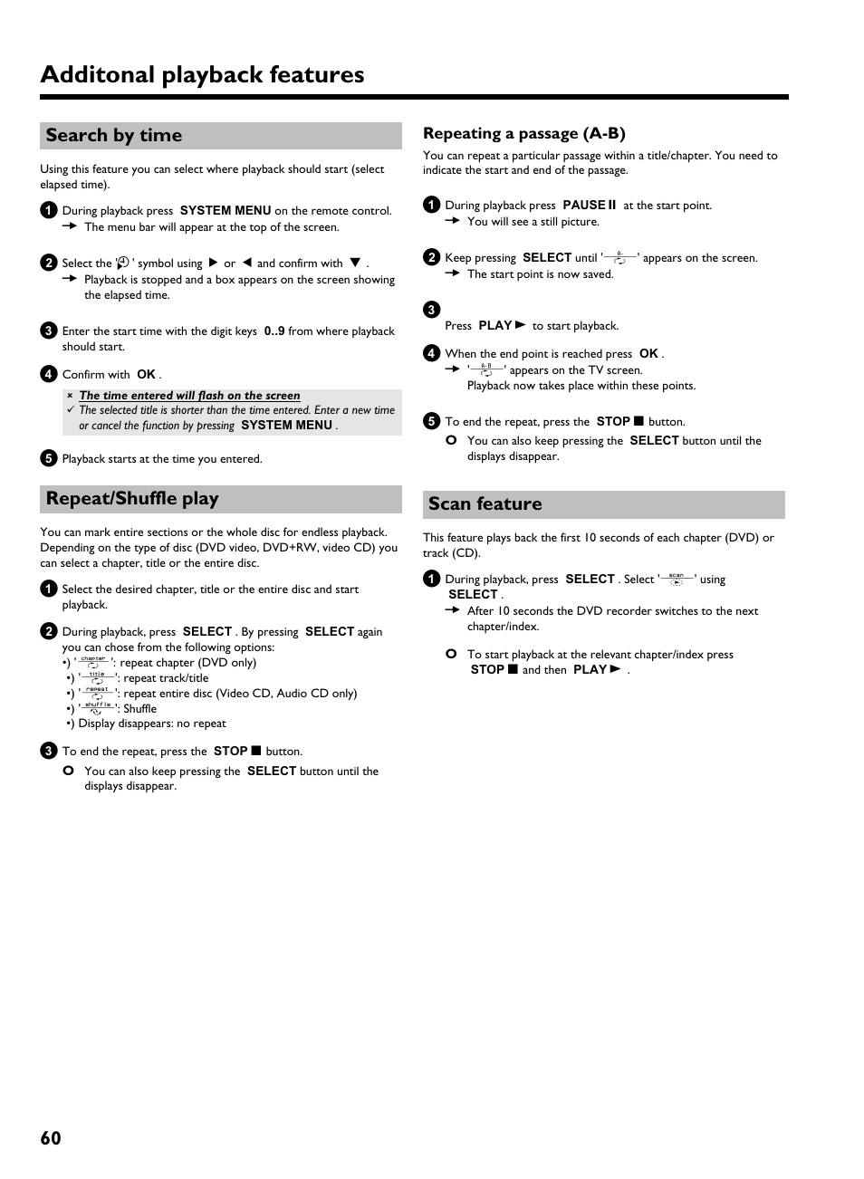 Search by time, Repeat/shuffle play, Repeating a passage (a-b) | Scan feature, Additonal playback features, 60 search by time | Philips HDRW 720/00-02 User Manual | Page 62 / 96