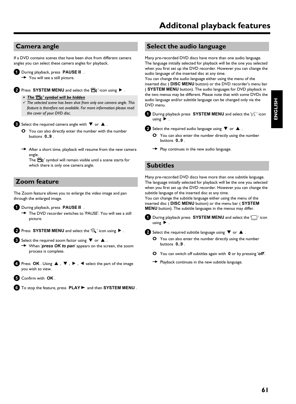 Camera angle, Zoom feature, Select the audio language | Subtitles, Additonal playback features, 61 camera angle, Select the audiolanguage | Philips HDRW 720/00-02 User Manual | Page 63 / 96