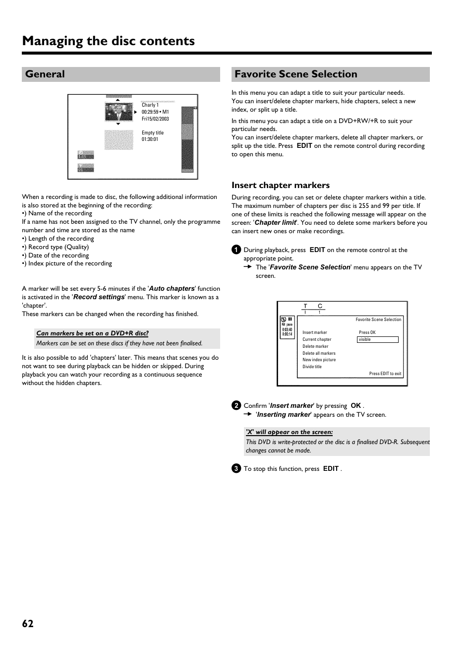 General, Favorite scene selection, Insert chapter markers | Managing the disc contents, 62 general | Philips HDRW 720/00-02 User Manual | Page 64 / 96