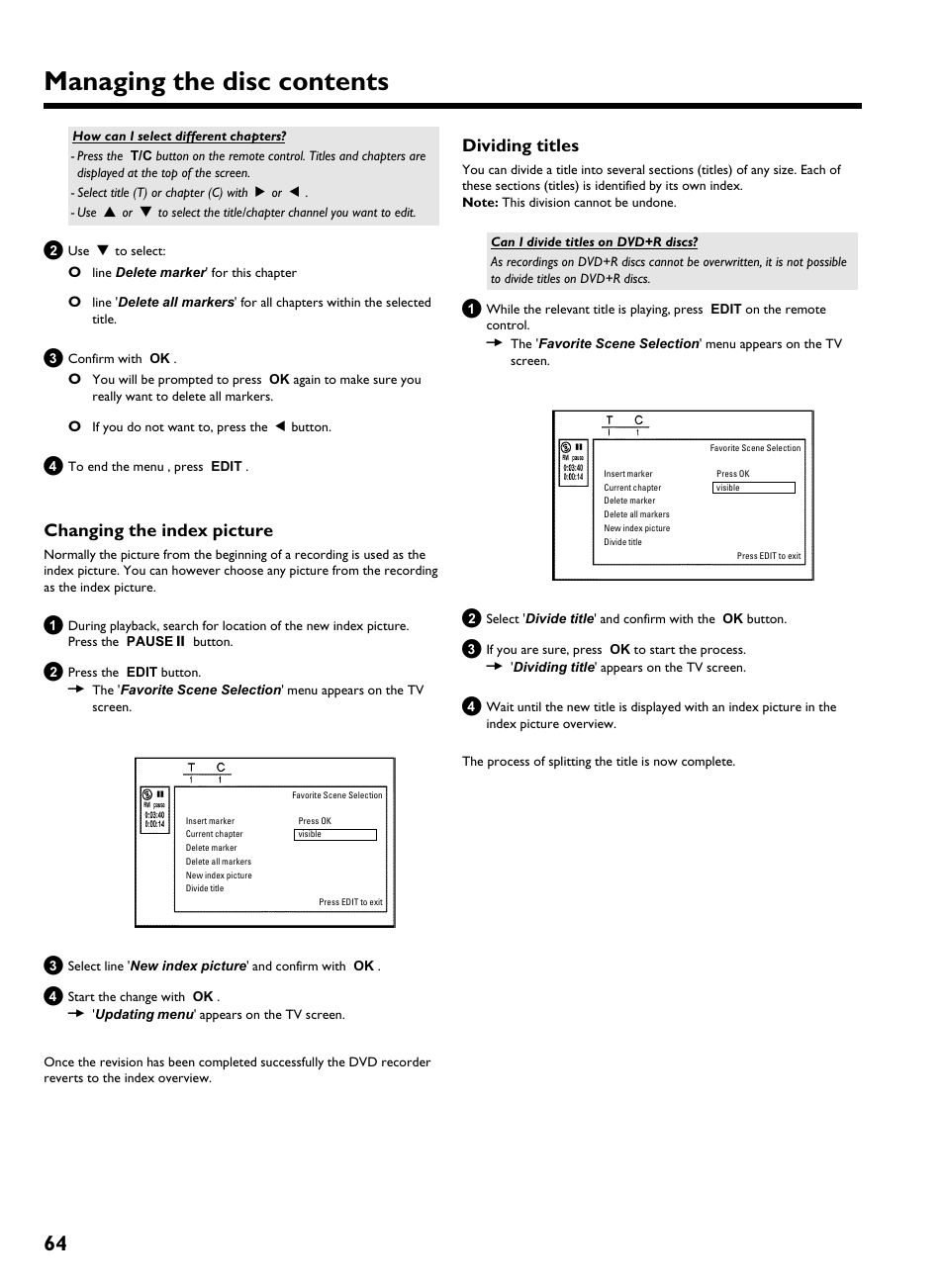 Changing the index picture, Dividing titles, Managing the disc contents | Philips HDRW 720/00-02 User Manual | Page 66 / 96