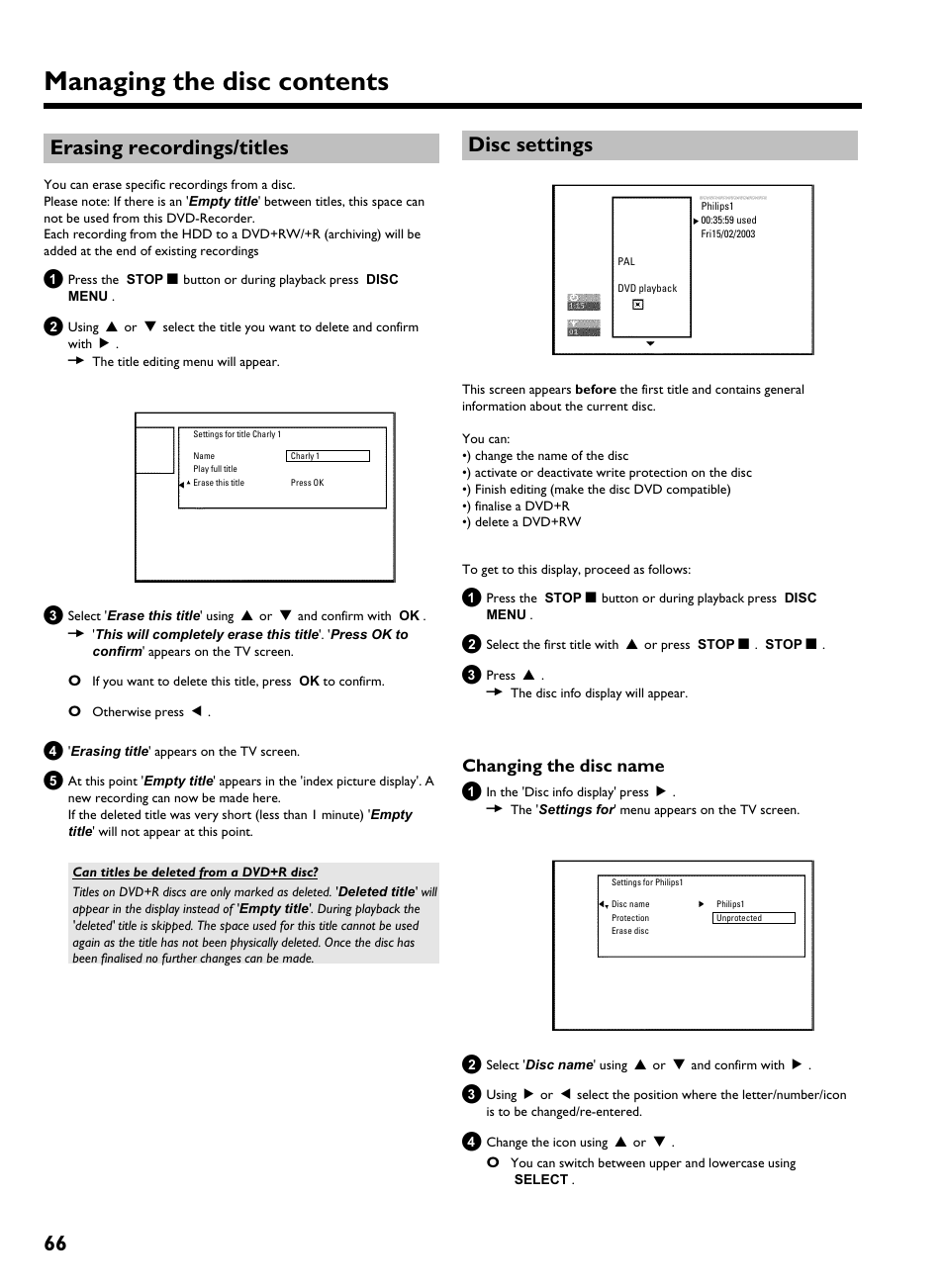 Erasing recordings/titles, Disc settings, Changing the disc name | Managing the disc contents, 66 erasing recordings/titles | Philips HDRW 720/00-02 User Manual | Page 68 / 96