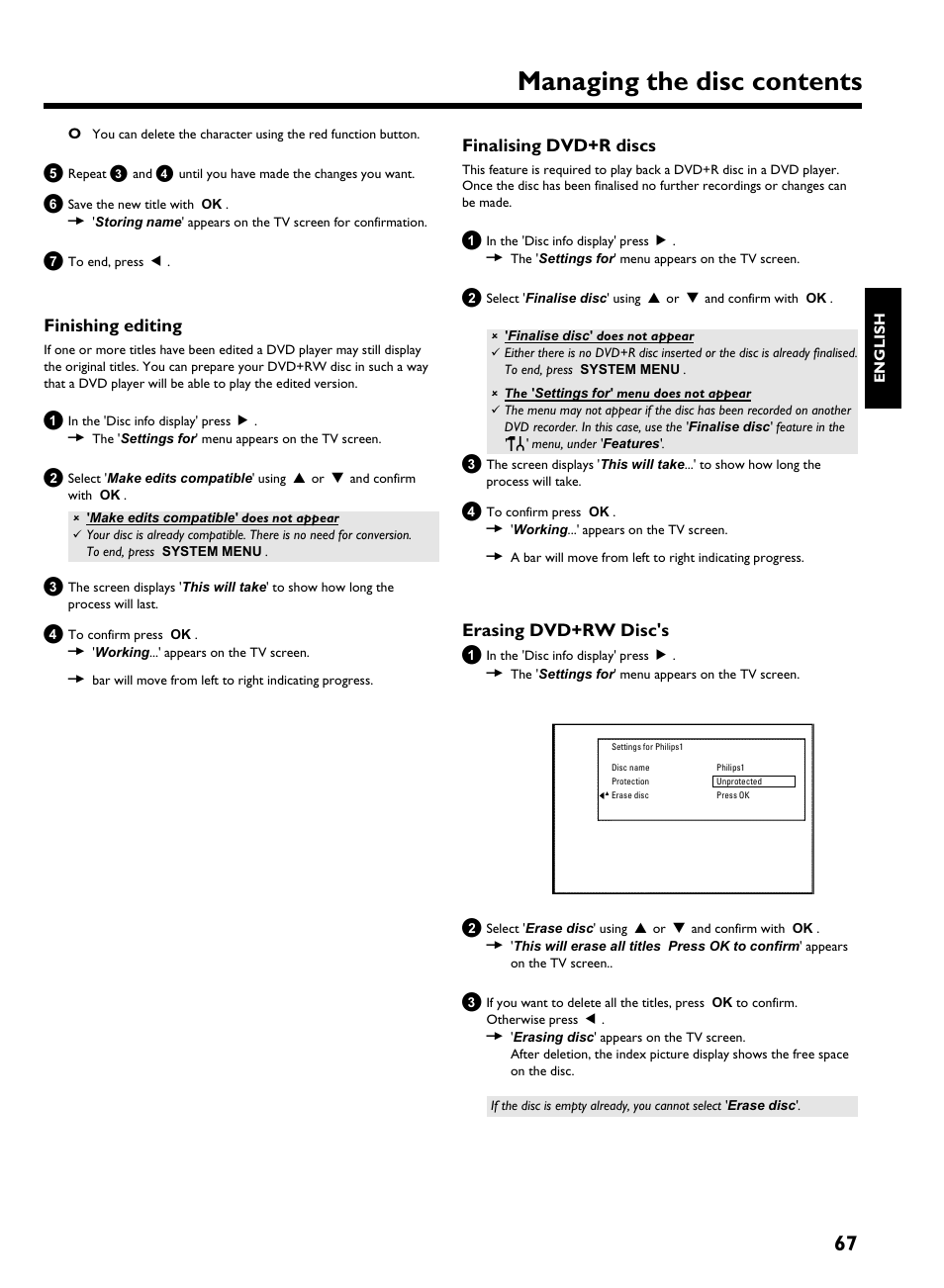 Finishing editing, Finalising dvd+r discs, Erasing dvd+rw disc's | Managing the disc contents | Philips HDRW 720/00-02 User Manual | Page 69 / 96