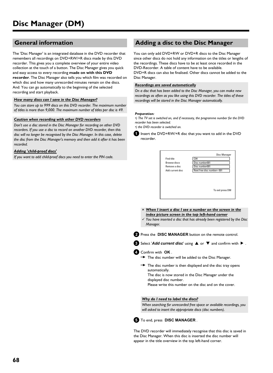 General information, Adding a disc to the disc manager, Disc manager (dm) | 68 general information, Adding a disc tothe disc manager | Philips HDRW 720/00-02 User Manual | Page 70 / 96