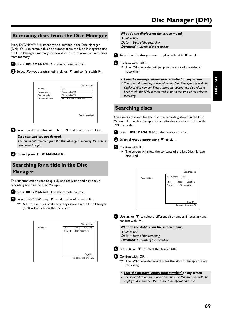 Removing discs from the disc manager, Searching for a title in the disc manager, Searching discs | Disc manager (dm), 69 removing discs from the disc manager | Philips HDRW 720/00-02 User Manual | Page 71 / 96