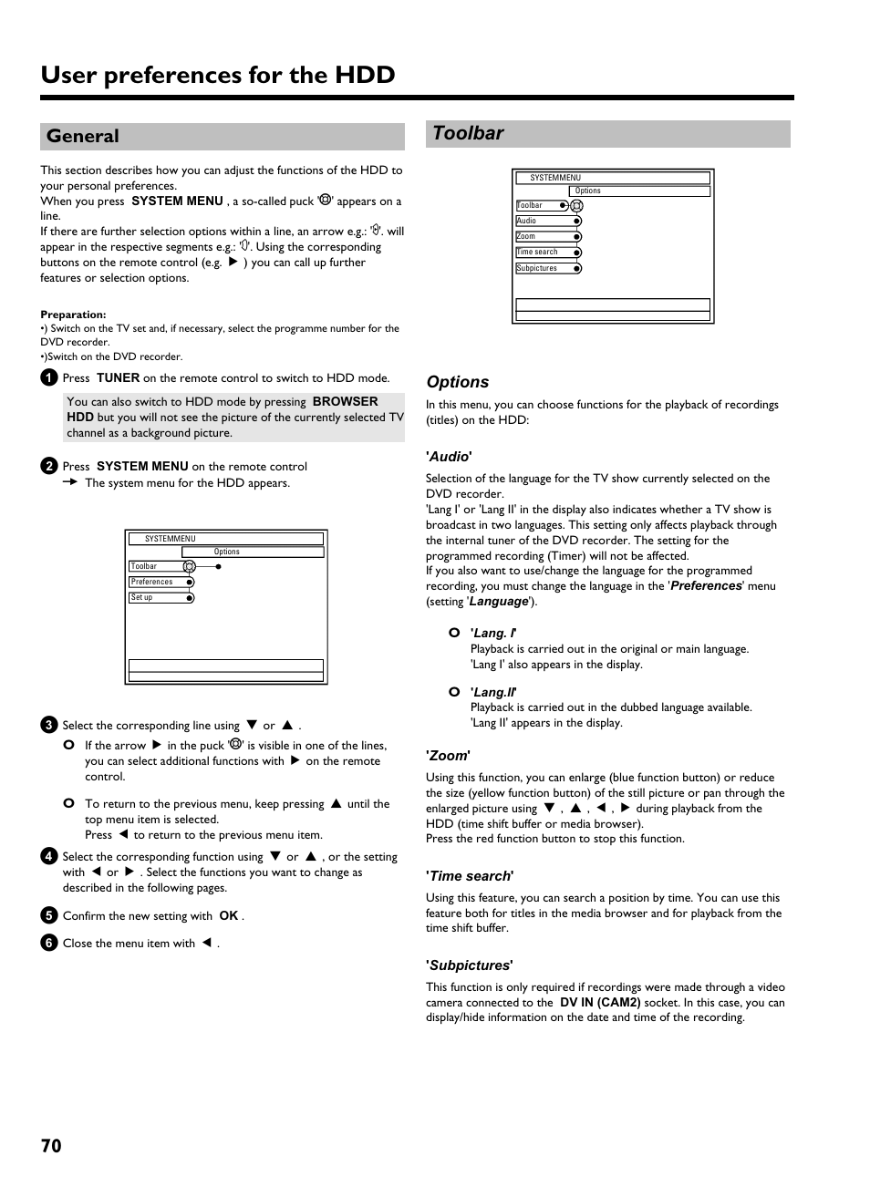 General, Toolbar, Options | Audio, Zoom, Time search, Subpictures, User preferences for the hdd, 70 general | Philips HDRW 720/00-02 User Manual | Page 72 / 96