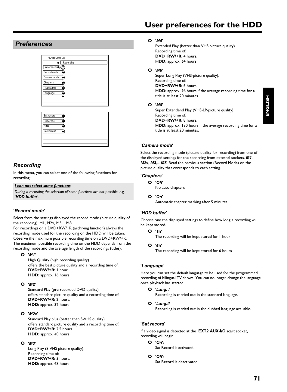 Preferences, Recording, Record mode | Camera mode, Chapters, Hdd buffer, Language, Sat record, User preferences for the hdd, 71 preferences | Philips HDRW 720/00-02 User Manual | Page 73 / 96