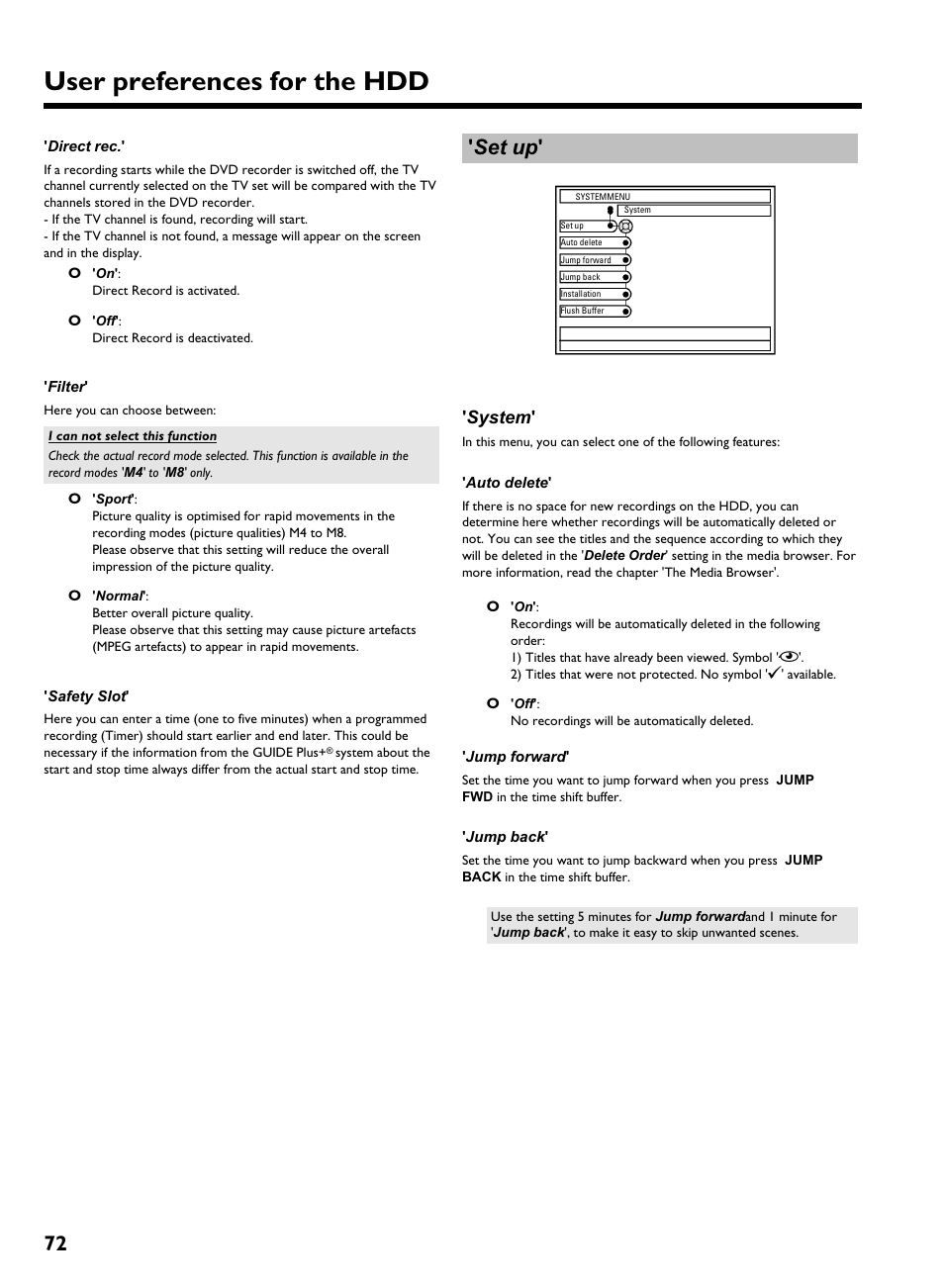 Direct rec, Filter, Safety slot | Set up, System, Auto delete, Jump forward, Jump back, User preferences for the hdd | Philips HDRW 720/00-02 User Manual | Page 74 / 96