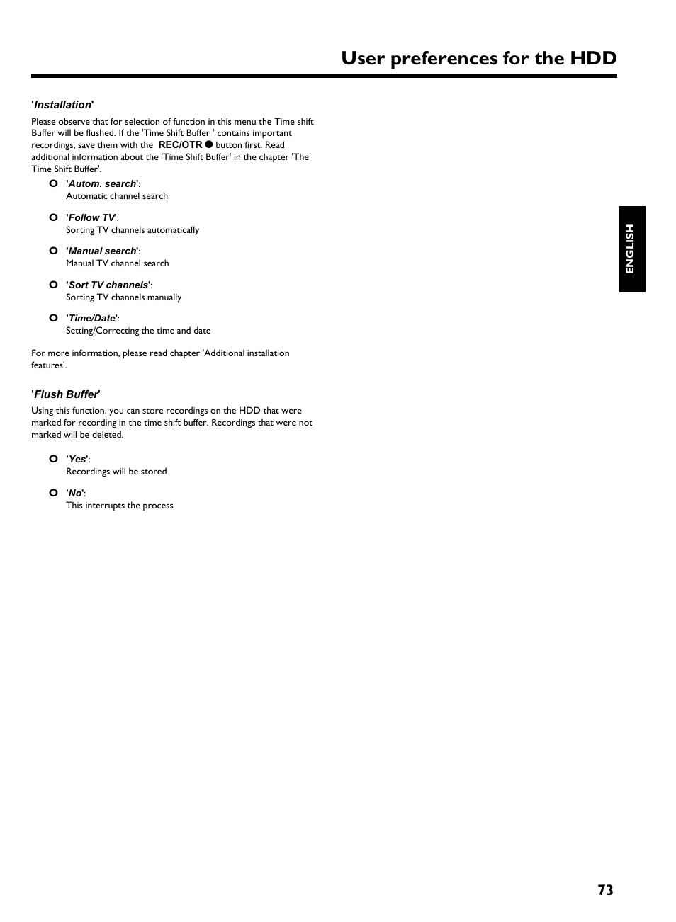 Installation, Flush buffer, User preferences for the hdd | Philips HDRW 720/00-02 User Manual | Page 75 / 96