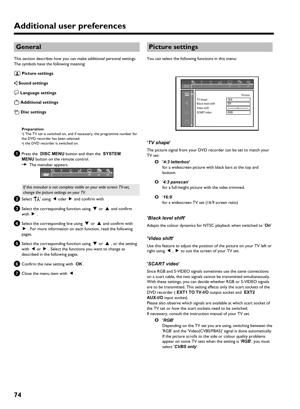 General, Picture settings, Additional user preferences | 74 general | Philips HDRW 720/00-02 User Manual | Page 76 / 96