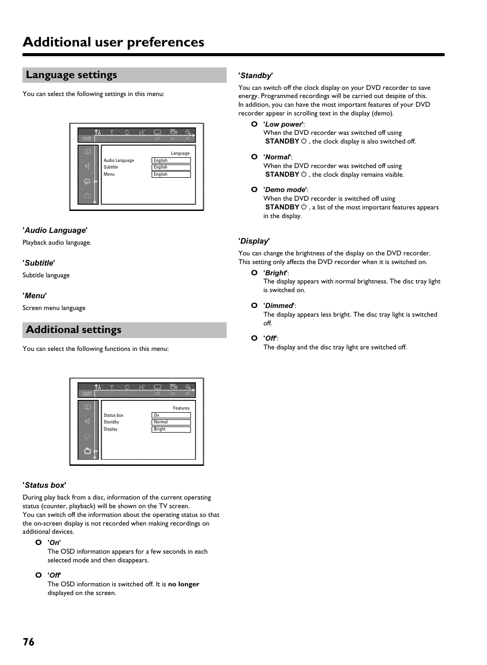 Language settings, Additional settings, Additional user preferences | 76 language settings | Philips HDRW 720/00-02 User Manual | Page 78 / 96