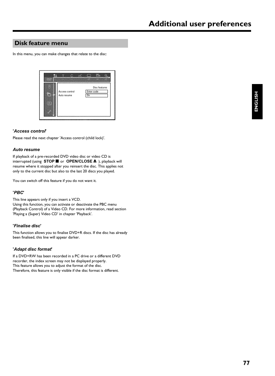 Disk feature menu, Additional user preferences, 77 disk feature menu | Philips HDRW 720/00-02 User Manual | Page 79 / 96