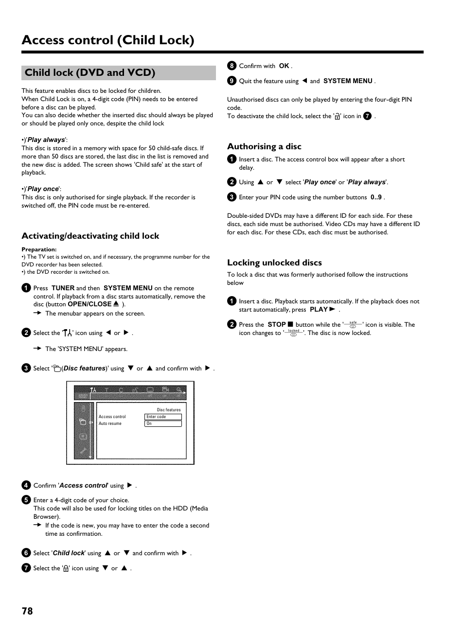 Child lock (dvd and vcd), Activating/deactivating child lock, Authorising a disc | Locking unlocked discs, Access control (child lock), 78 child lock (dvd and vcd) | Philips HDRW 720/00-02 User Manual | Page 80 / 96