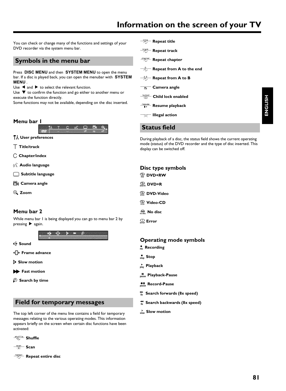 Symbols in the menu bar, Menu bar 1, Menu bar 2 | Field for temporary messages, Status field, Disc type symbols, Operating mode symbols, Information on the screen of your tv | Philips HDRW 720/00-02 User Manual | Page 83 / 96