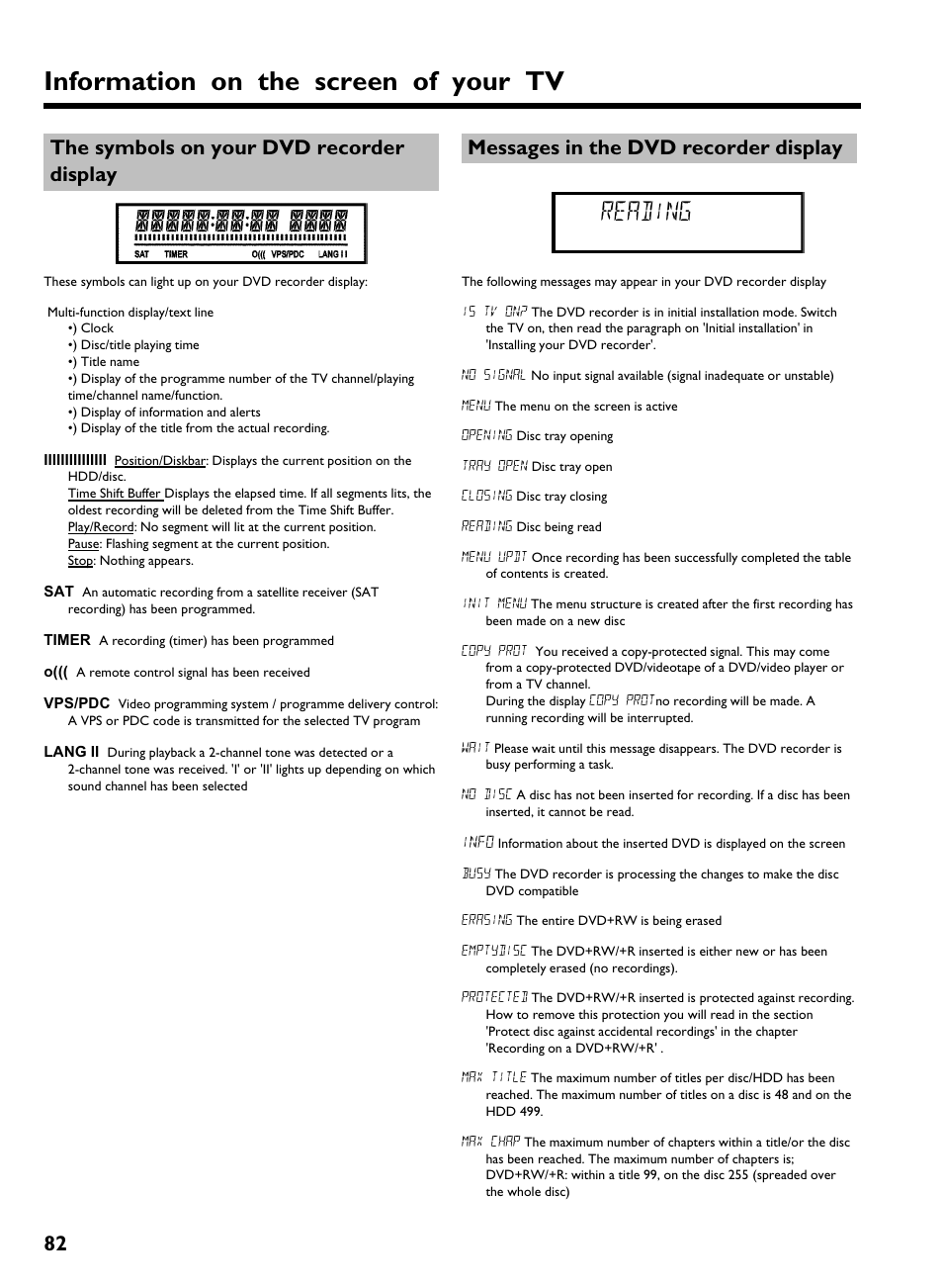 The symbols on your dvd recorder display, Messages in the dvd recorder display, Information on the screen of your tv | Reading, 82 the symbols on your dvd recorder display | Philips HDRW 720/00-02 User Manual | Page 84 / 96