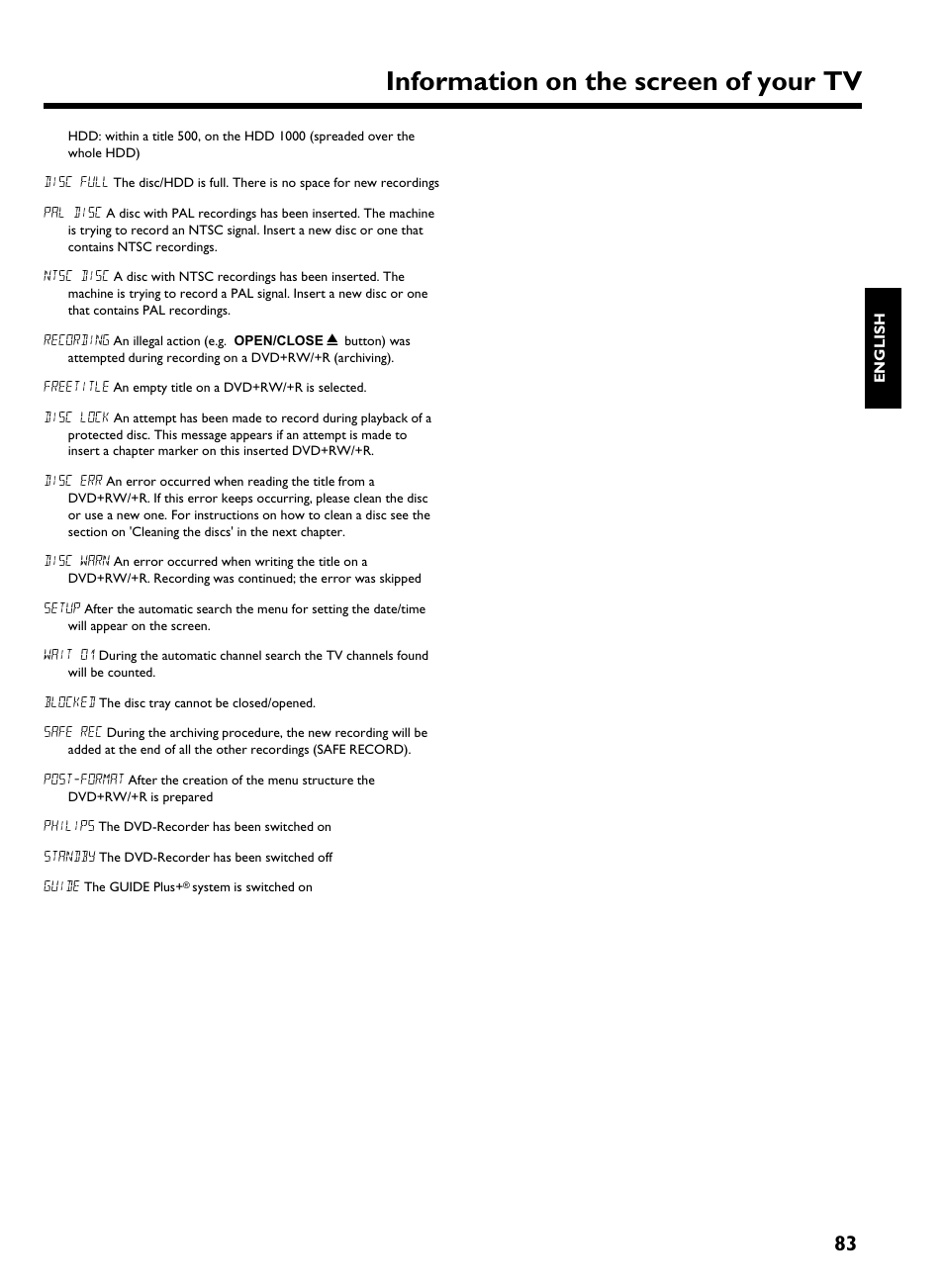 Information on the screen of your tv | Philips HDRW 720/00-02 User Manual | Page 85 / 96