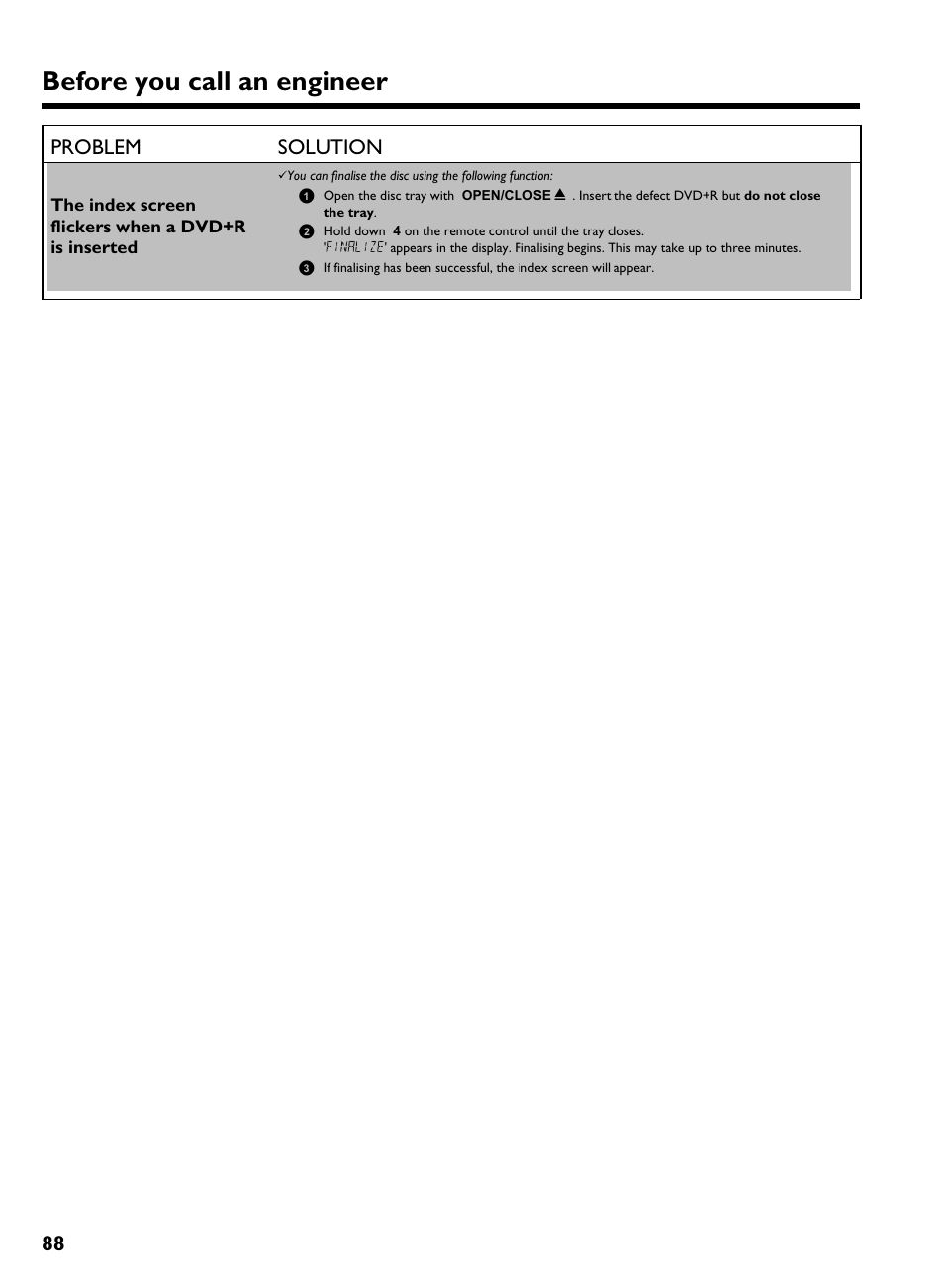 Before you call an engineer, 88 problem solution | Philips HDRW 720/00-02 User Manual | Page 90 / 96