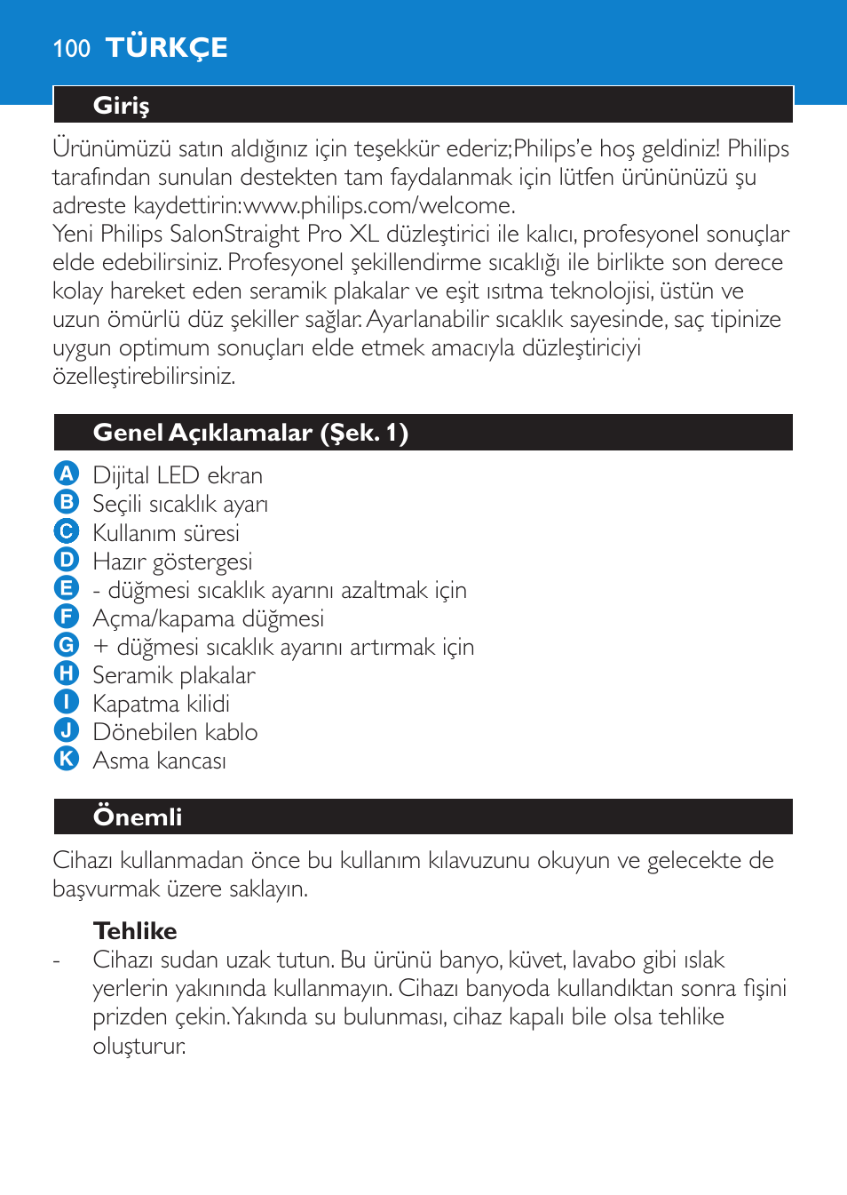 Tehlike, Türkçe, Giriş | Genel açıklamalar (şek. 1), Önemli | Philips HP4667 User Manual | Page 100 / 112