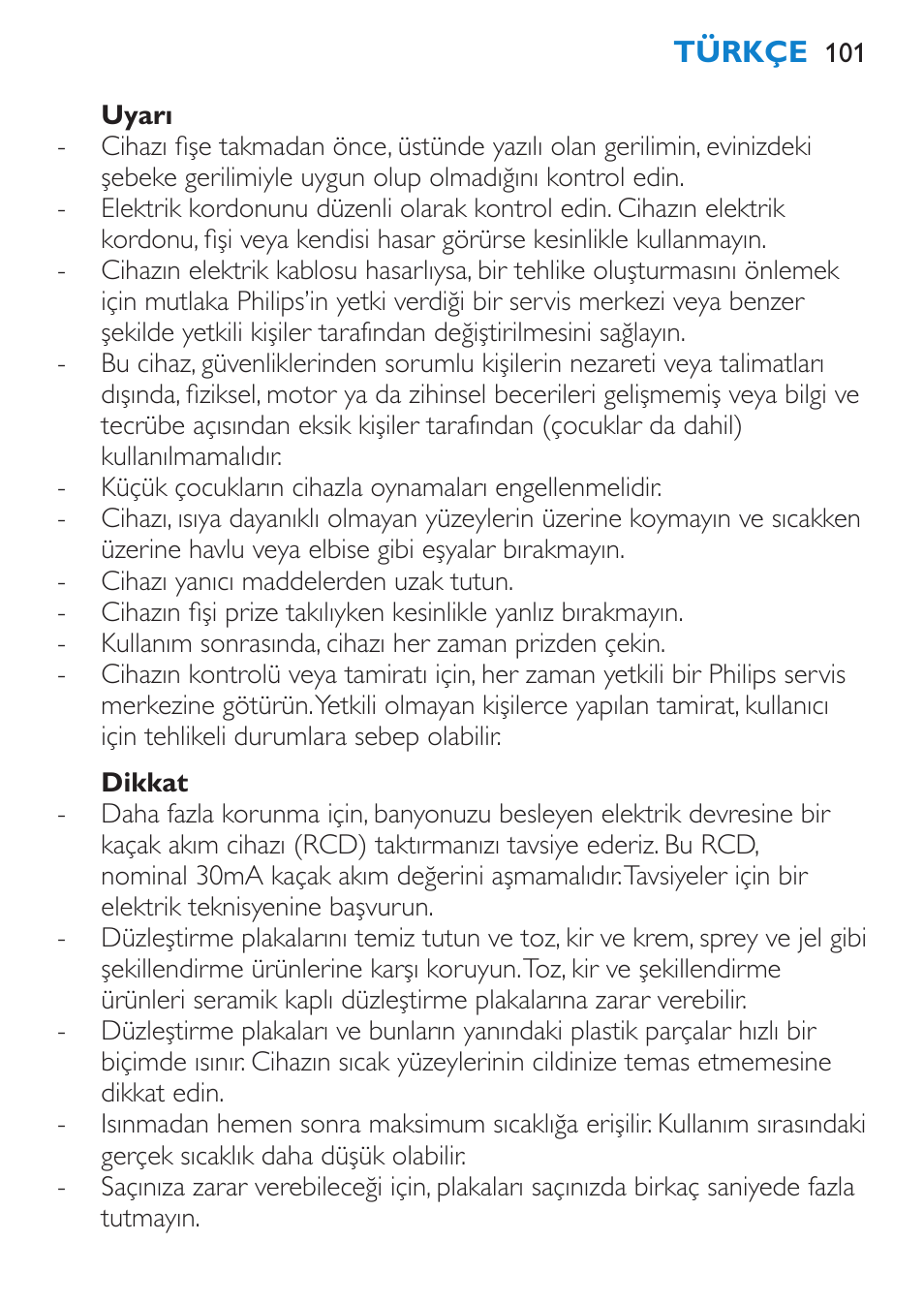 Uyarı, Dikkat | Philips HP4667 User Manual | Page 101 / 112