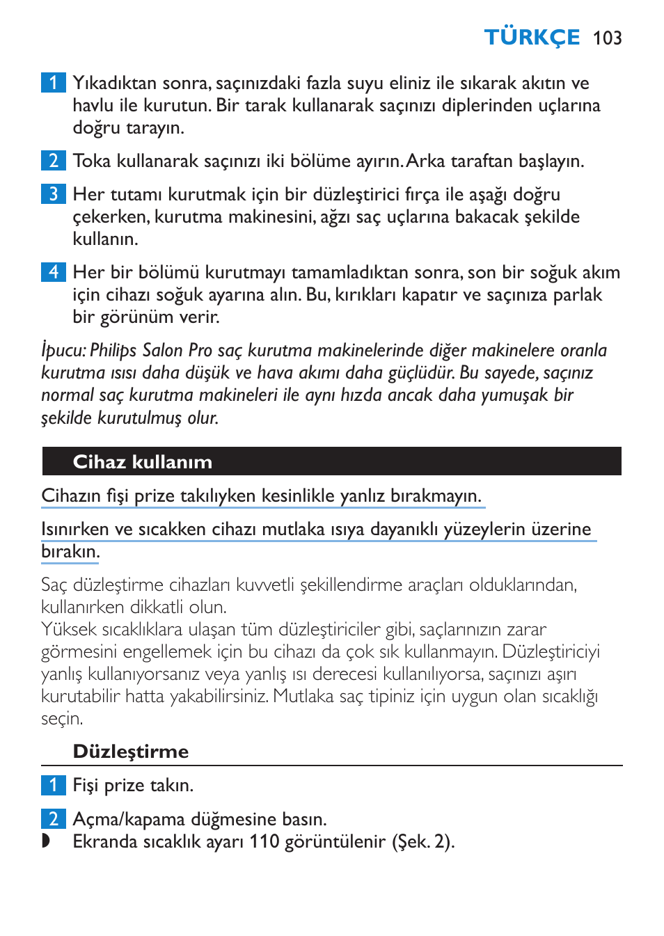 Cihaz kullanım, Düzleştirme | Philips HP4667 User Manual | Page 103 / 112