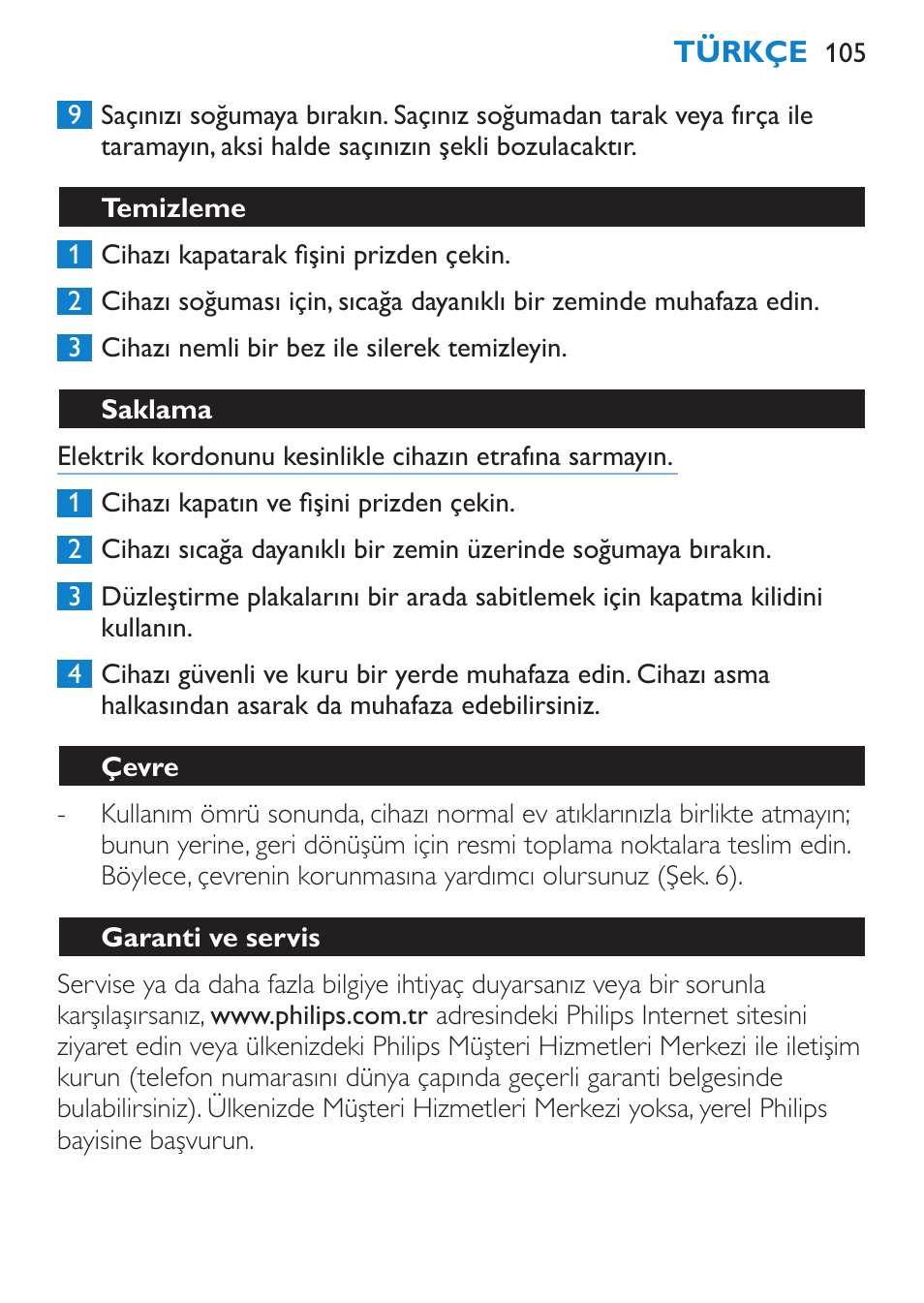 Temizleme, Saklama, Çevre | Garanti ve servis | Philips HP4667 User Manual | Page 105 / 112