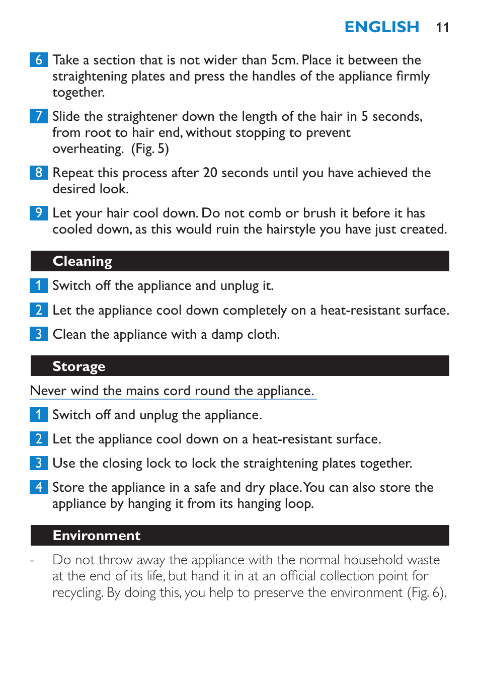 Cleaning, Storage, Environment | Philips HP4667 User Manual | Page 11 / 112