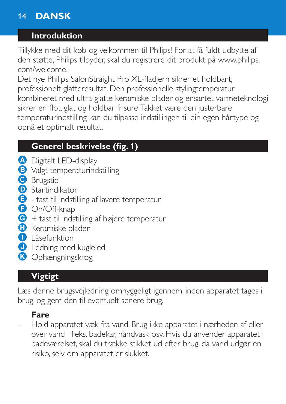 Fare, Dansk, Introduktion | Generel beskrivelse (fig. 1), Vigtigt | Philips HP4667 User Manual | Page 14 / 112