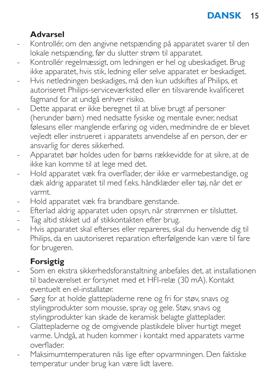 Advarsel, Forsigtig | Philips HP4667 User Manual | Page 15 / 112