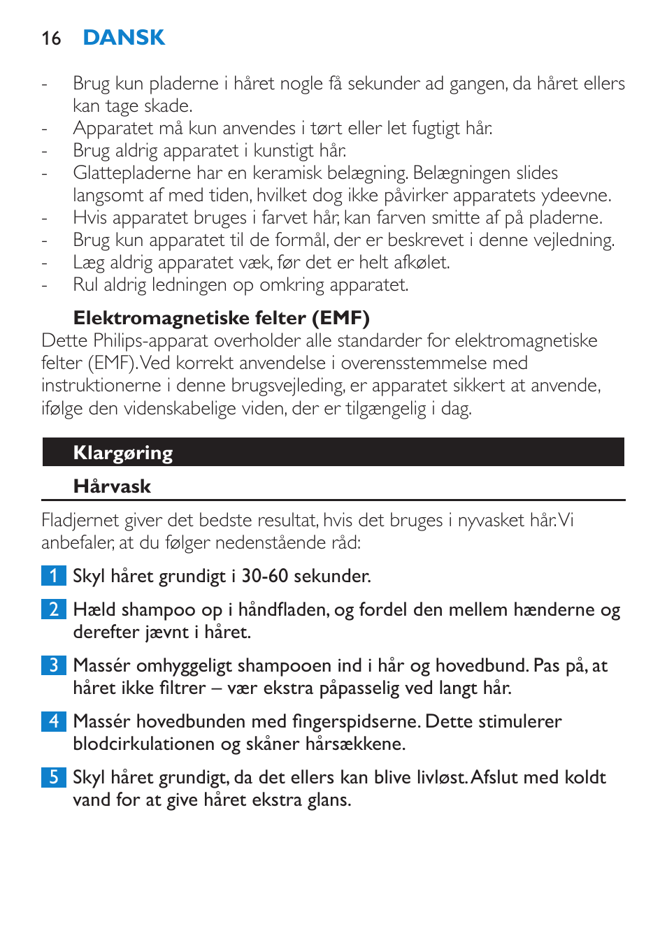 Elektromagnetiske felter (emf), Klargøring, Hårvask | Philips HP4667 User Manual | Page 16 / 112