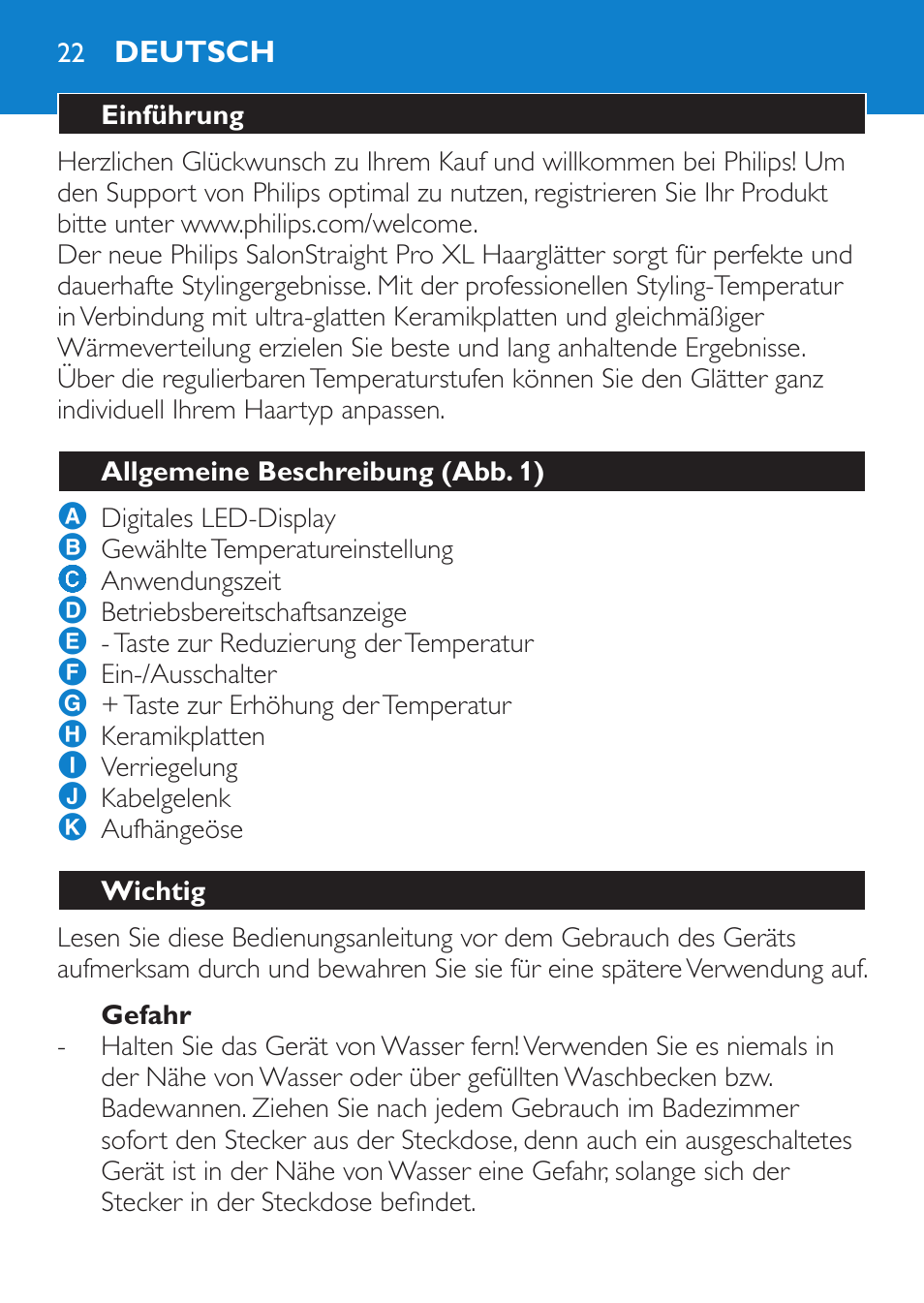 Gefahr, Deutsch, Einführung | Allgemeine beschreibung (abb. 1), Wichtig | Philips HP4667 User Manual | Page 22 / 112