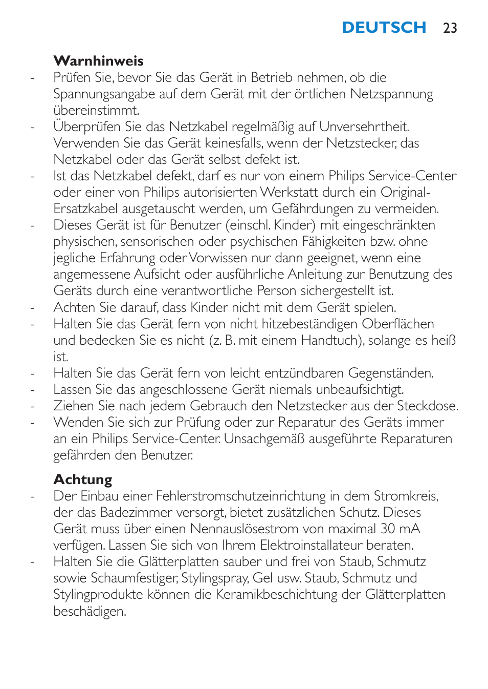 Warnhinweis, Achtung | Philips HP4667 User Manual | Page 23 / 112