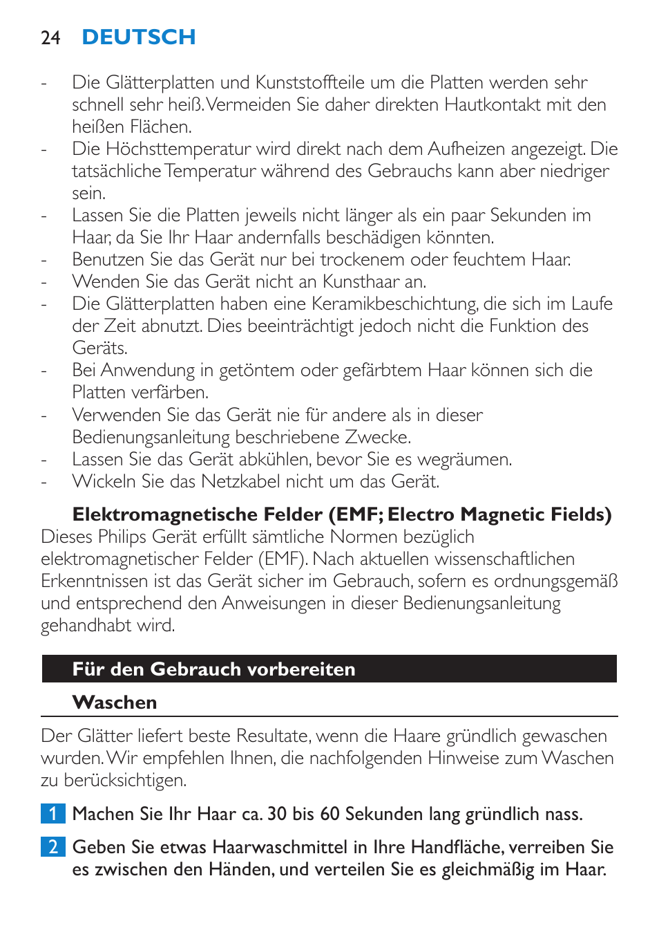 Für den gebrauch vorbereiten, Waschen | Philips HP4667 User Manual | Page 24 / 112